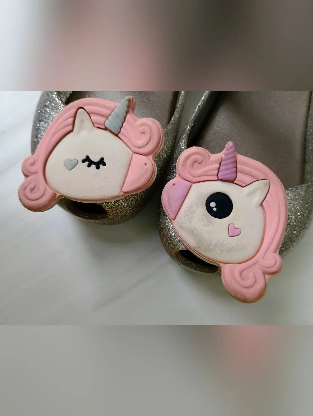 Mini Melissa Silver Glitter Mary Jane Shoes Pink Unicorn Charms EU 25/26 US 9